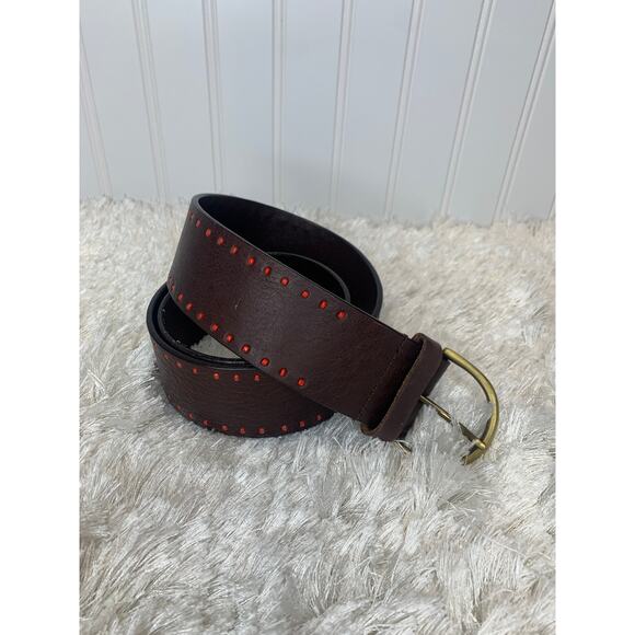 Coldwater Creek Brown Leather Wide Belt Red Beads Sz Small - Picture 1 of 6